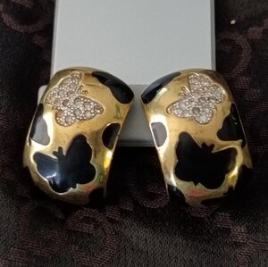 ❤️VINTAGE PIERRE LANG Gold Crystal Black Enamel Butterfly Clip Earrings